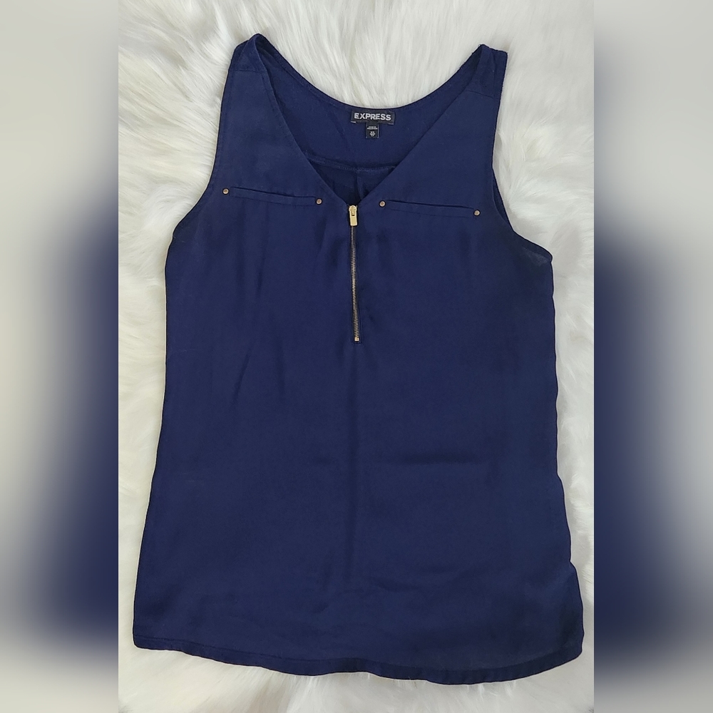 Express Women's Navy Sleeveless Blouse with Gold  Zipper Front Size XS
